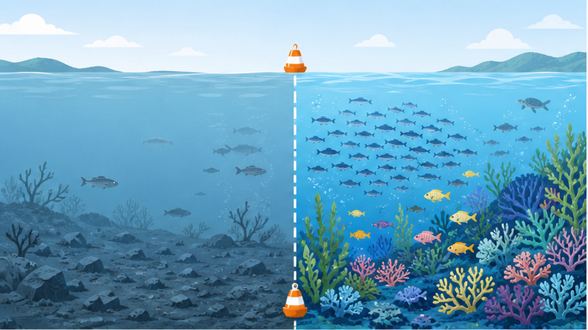 海洋保護区の内側と外側で生き物の量が変わる様子を対比したイラスト