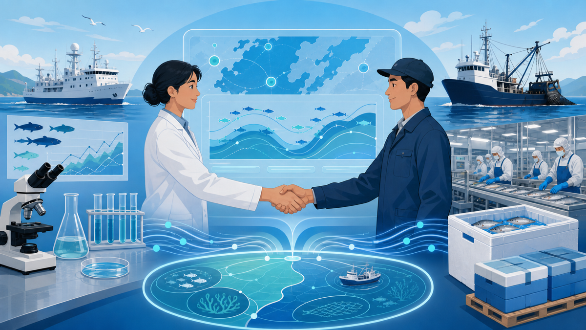 科学者と水産企業が協働して海洋データを分析する国際イニシアチブのフラット図解