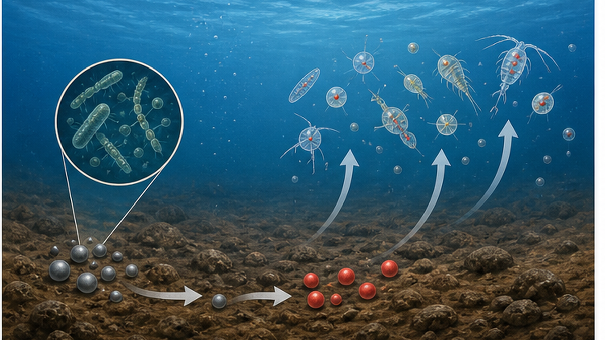 海底の微生物が無機水銀をメチル水銀に変換する様子の図解