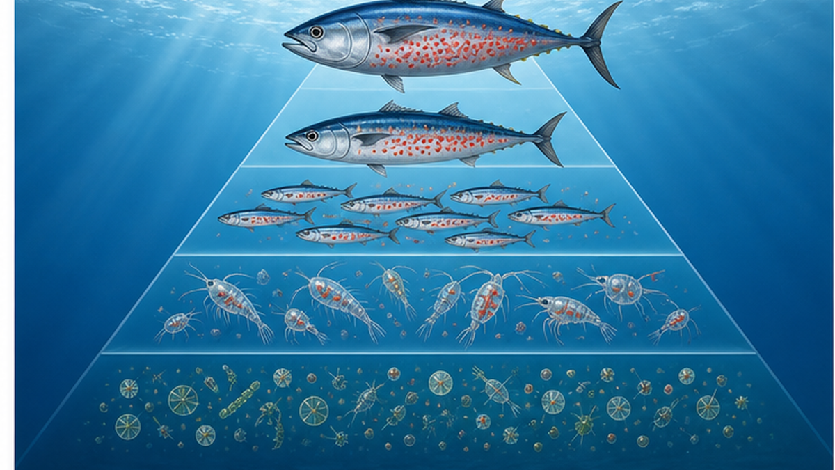 食物連鎖ピラミッドを上がるごとに水銀濃度が高まる生物濃縮の図解