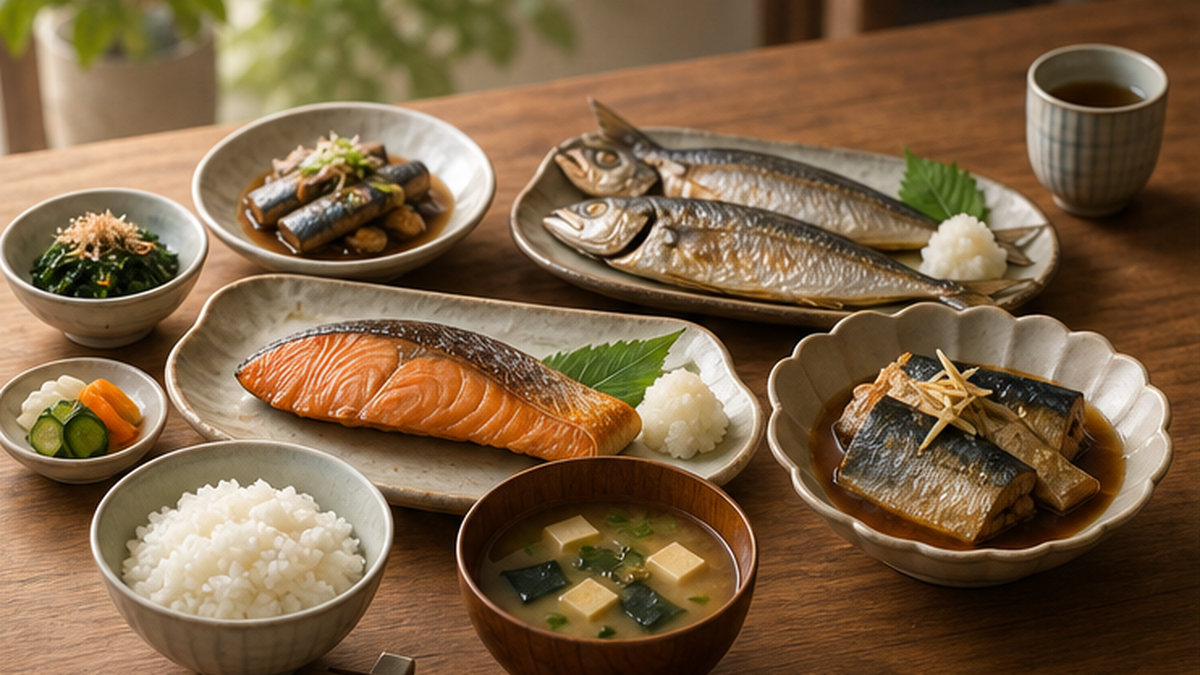 妊娠中でも安心して食べられる多様な魚介の食卓のイメージ