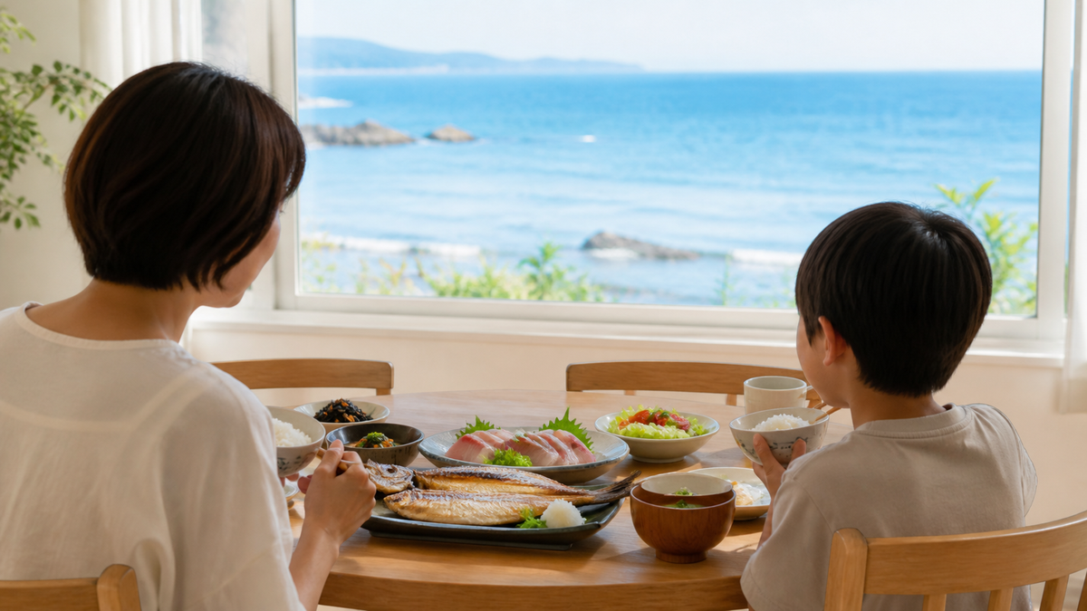 豊かな海の恵みと未来の世代を象徴する食卓のイメージ