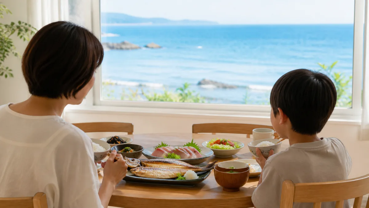豊かな海の恵みと未来の世代を象徴する食卓のイメージ