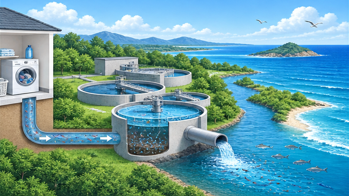 洗濯機から下水処理場、河川、海へと繊維が流れる経路の図解