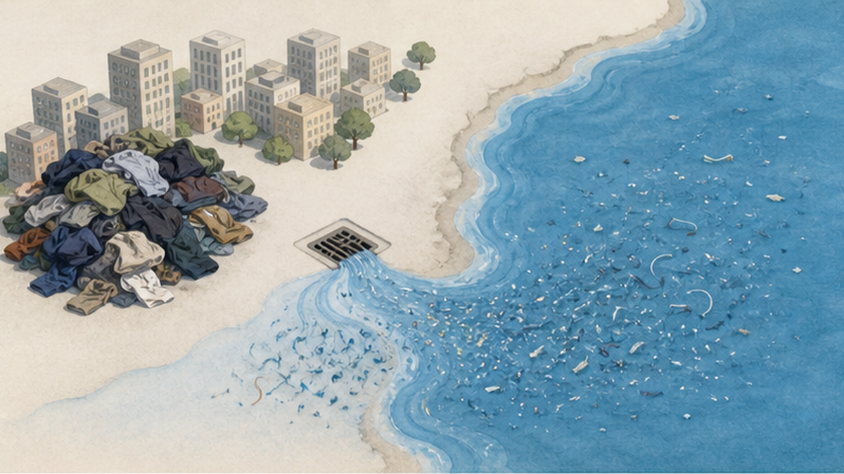 衣類の大量廃棄と海洋への繊維流出を表した概念図