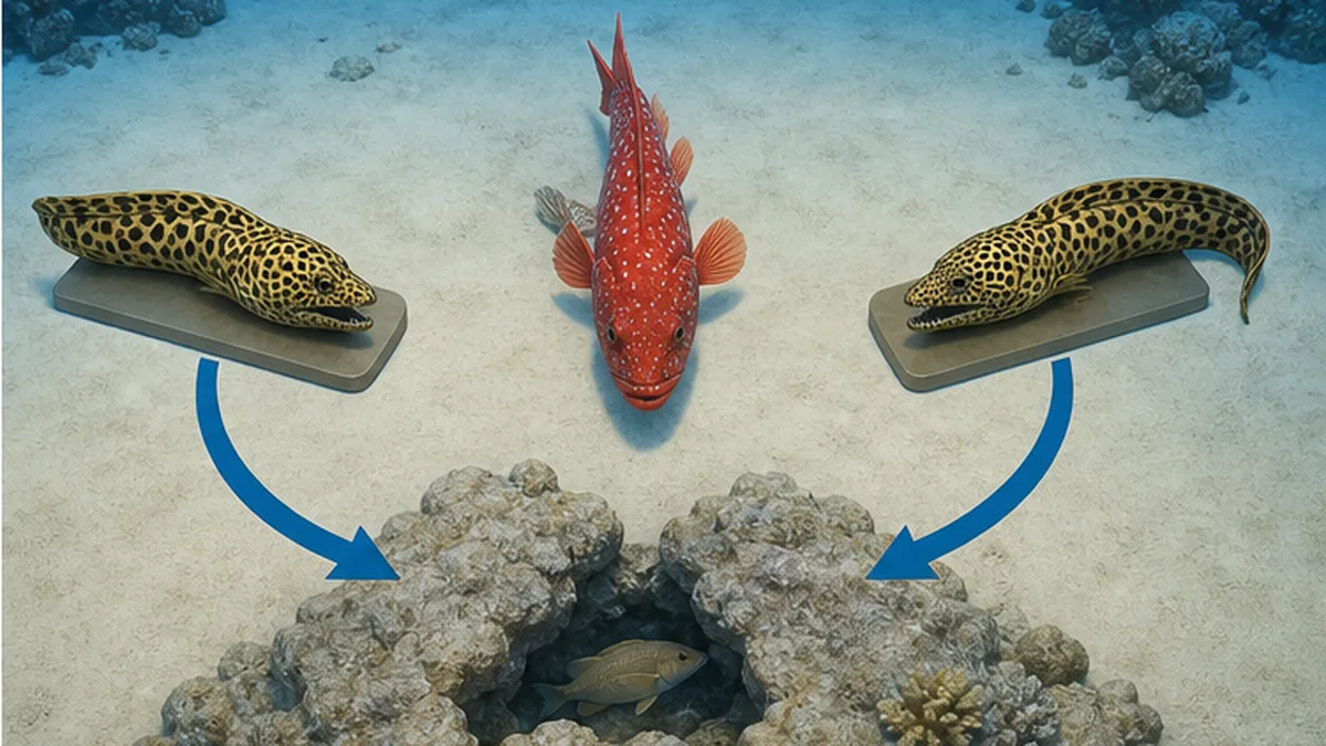 Schematic of the experiment testing whether a fish chooses the effective moray model over the useless one