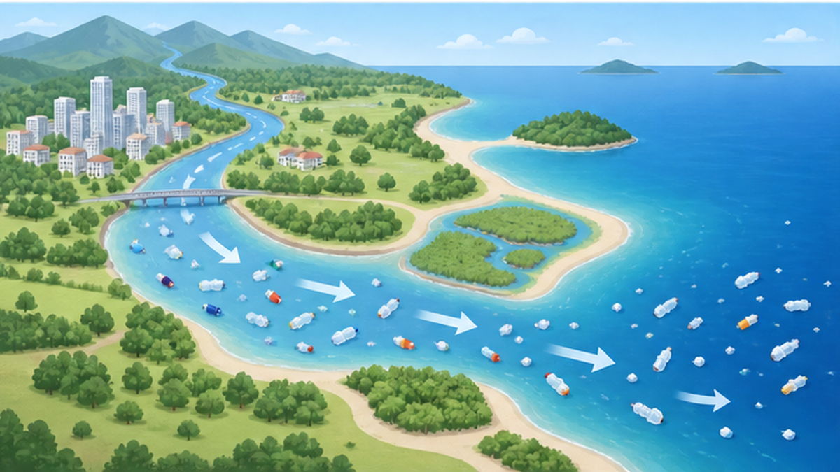 河川から海へプラスチックごみが流出していく様子を俯瞰した図解イラスト