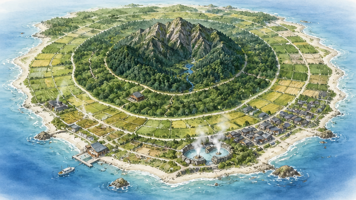 以同心圆表现国立公园分区的概念性风景图,从中心的原生自然向外侧的乡村地带逐级过渡