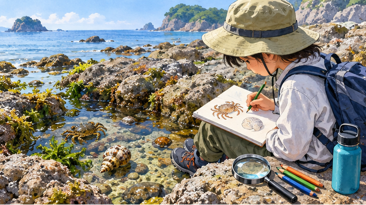 海辺の岩場でノートを広げて貝殻とカニを観察しスケッチする人のイラスト