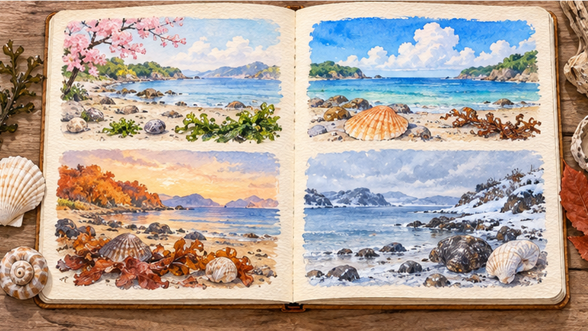 同じ砂浜を春夏秋冬で描いた4コマのノートページのイラスト