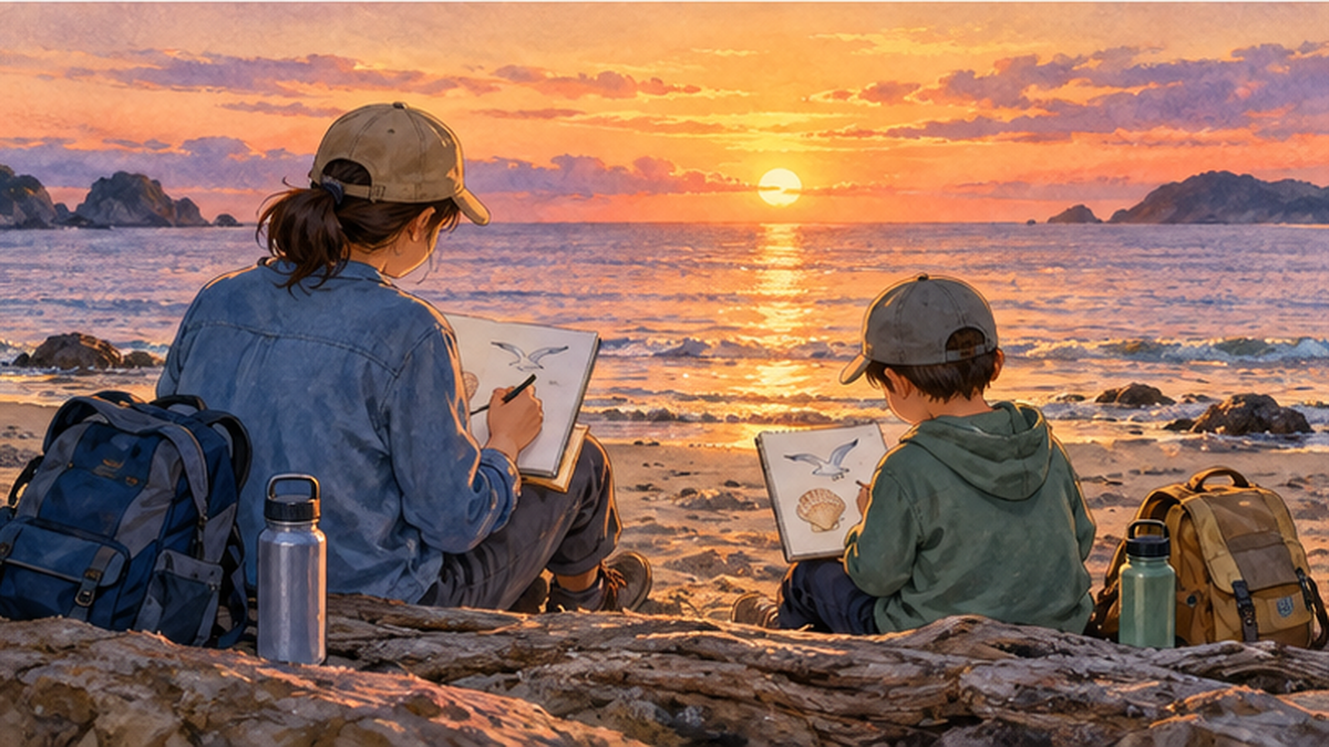 親子で海辺に座りそれぞれのノートに貝殻を描くイラスト