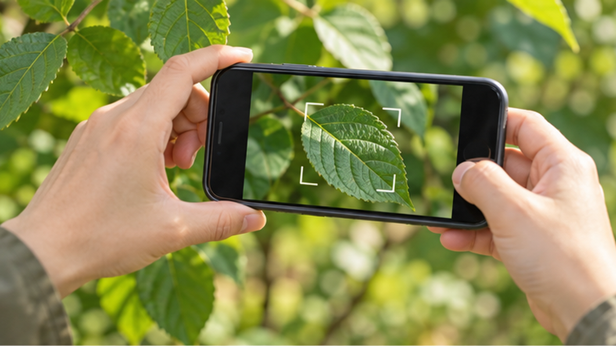 スマートフォンで植物を撮影し観察記録をつけている手元の様子