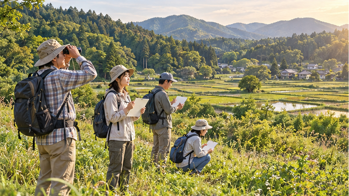 里山の風景の中で調査記録をつける人々のイラスト