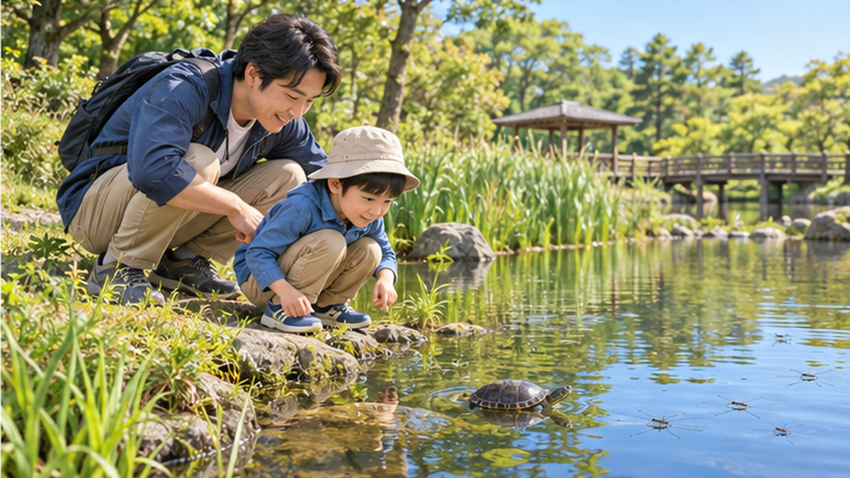 公園の池のほとりで水辺の生き物を観察する親子のイラスト