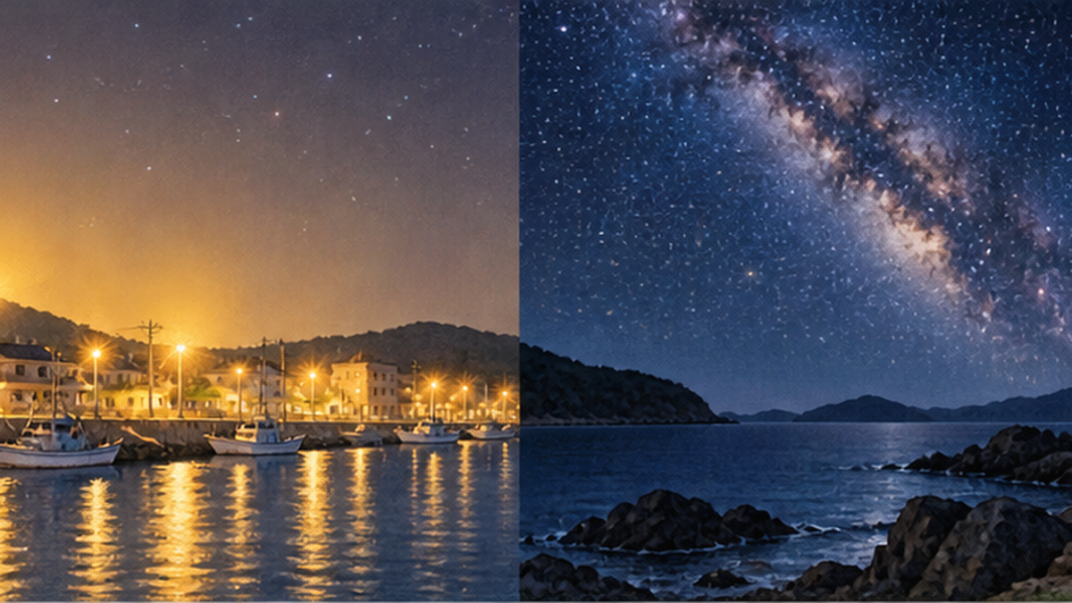 夜の海辺の街の明かりが空に広がり、星が少なくなる様子と、暗い海岸の満天の星空を並べた図