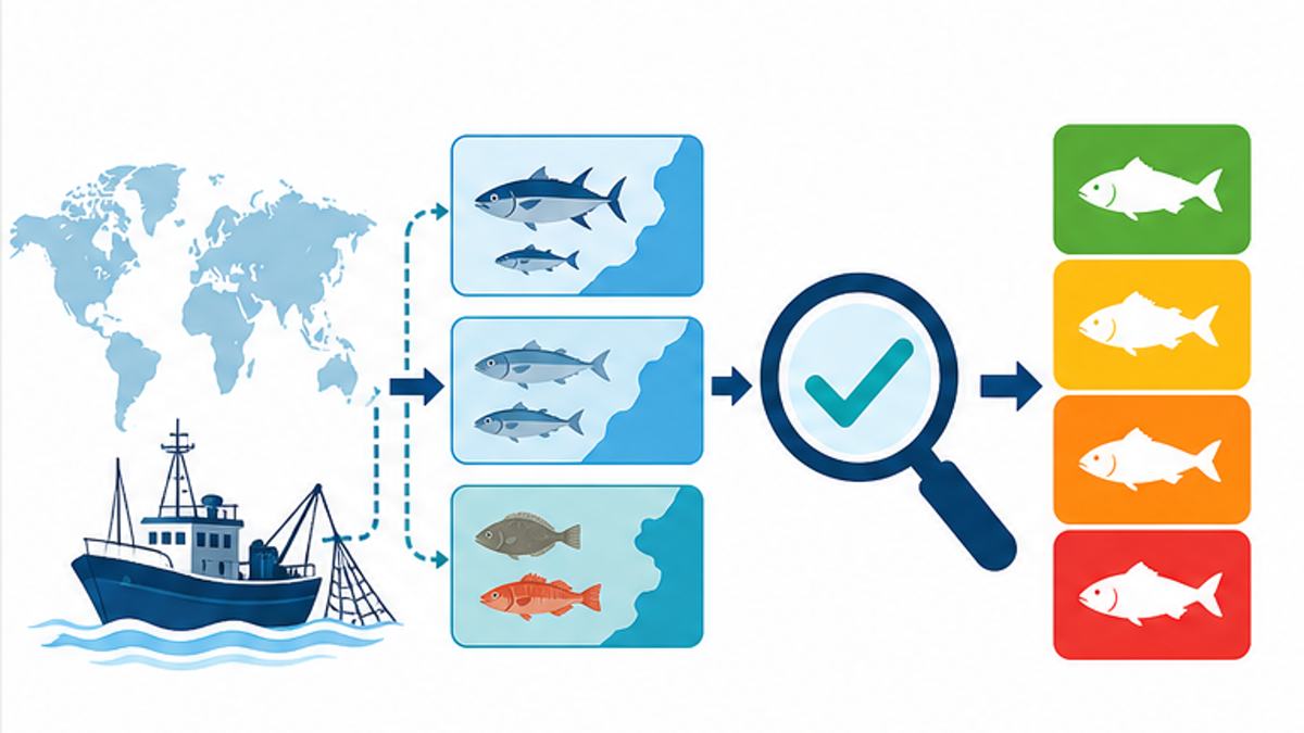 水産物を魚種と海域ごとに分類し資源状態を評価するプロセスの図解