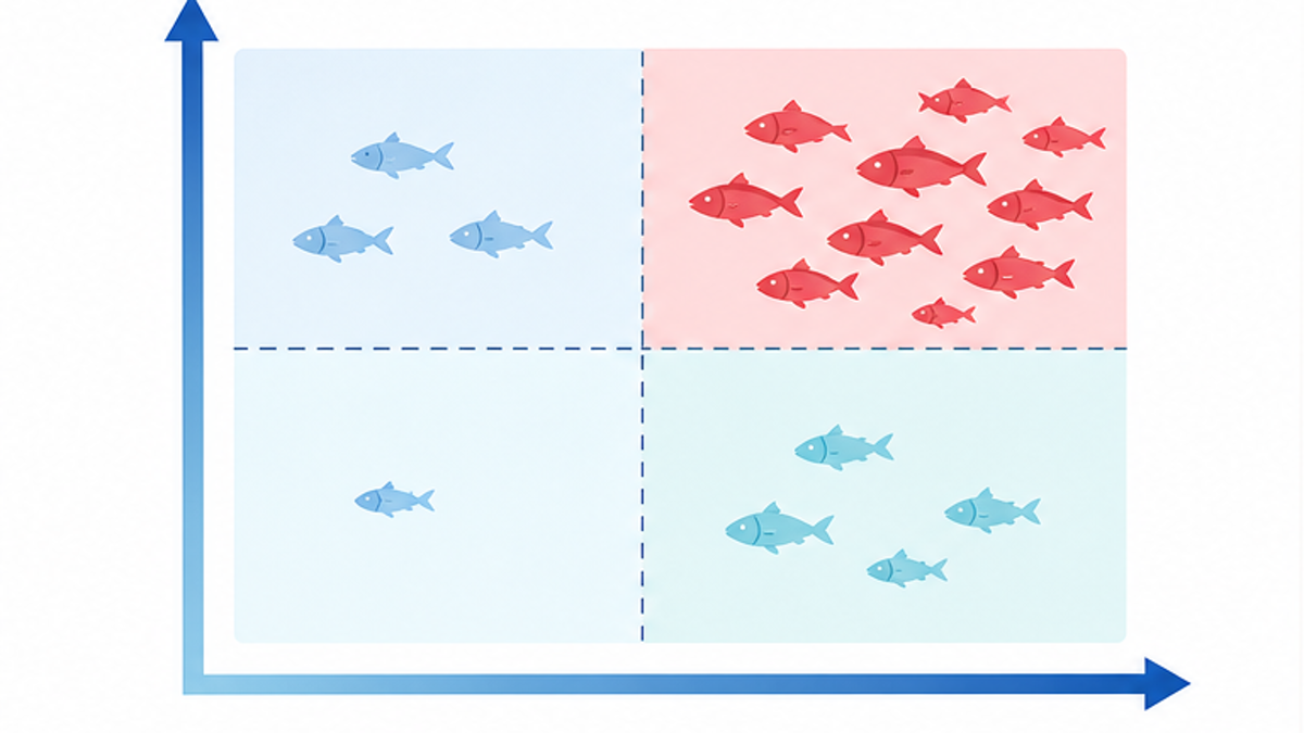 取扱量とリスクの2軸で魚種の優先順位を決めるマトリクス図