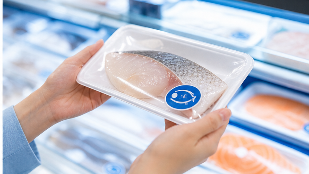スーパーで水産物のパッケージの認証ラベルを確認する消費者のイメージ