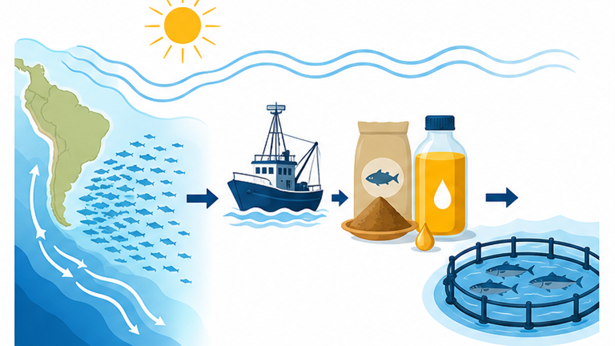 ペルー沖のアンチョベータ漁と魚粉・魚油への加工を示す図解