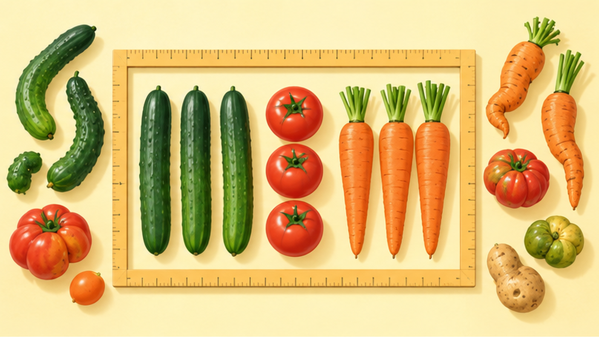 Illustration contrasting a curved vegetable that spills outside a grading frame with neatly arranged standard vegetables inside it