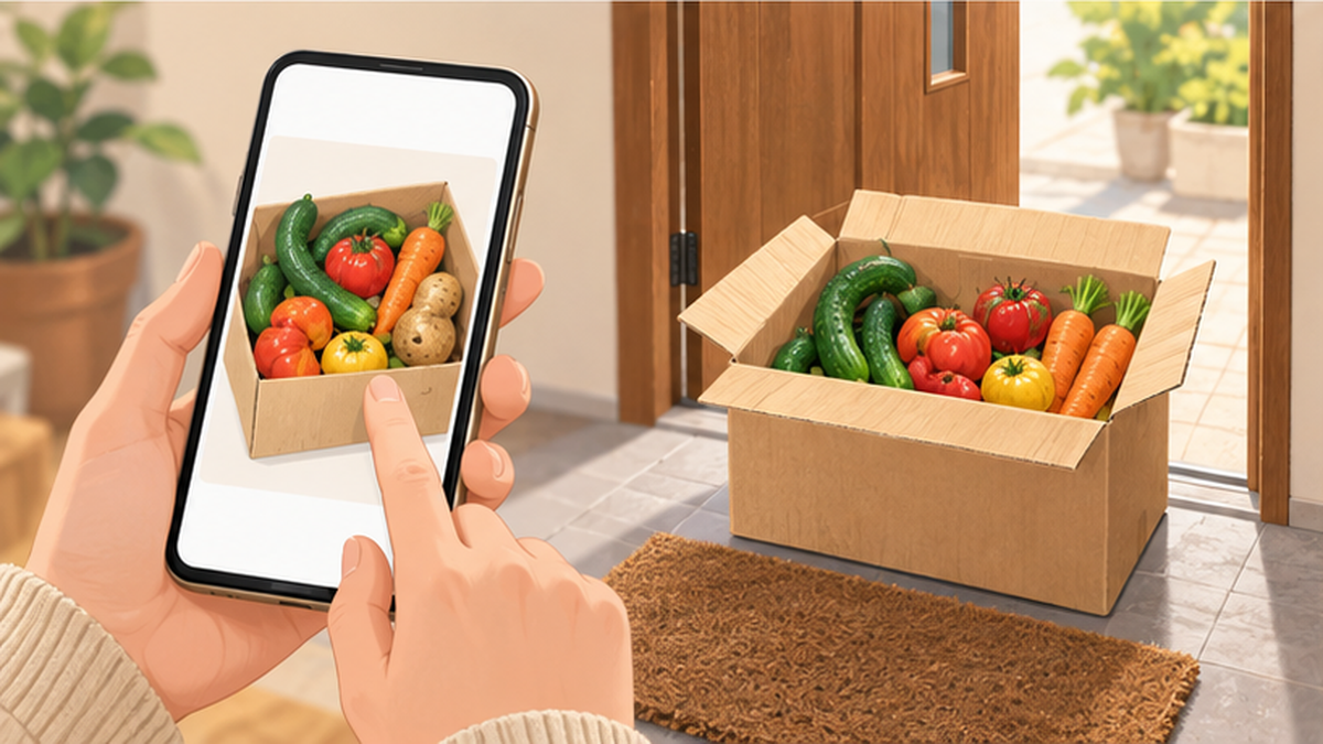 Illustration of ordering a box of non-standard vegetables on a smartphone and the same box arriving at a front door