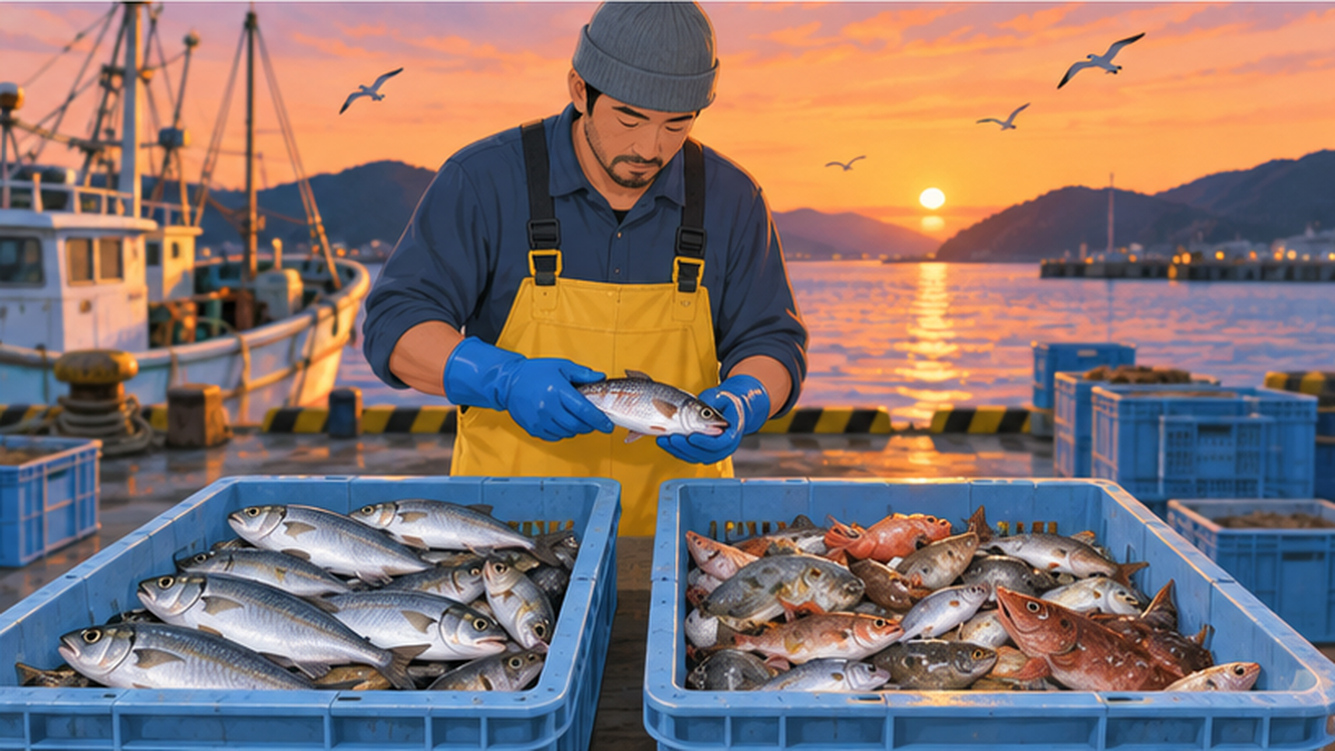 Illustration of a fisher at a port sorting fish of various types and sizes, placing some into boxes for shipment