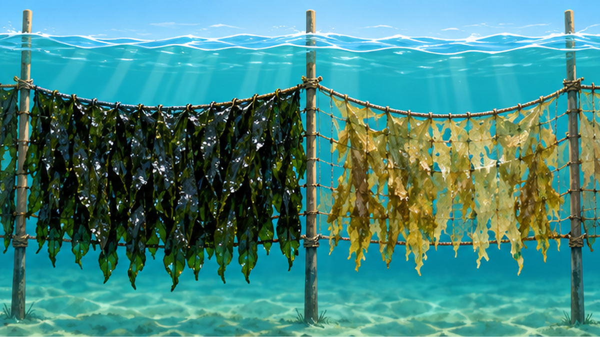 冬の海で海苔網を引き上げる養殖の様子と、色の濃い海苔と色落ちした海苔の対比