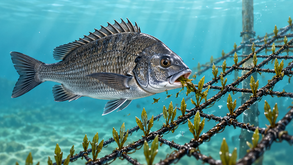 水温が高い海でクロダイなどの魚が海苔網の芽を食べる食害のイメージ