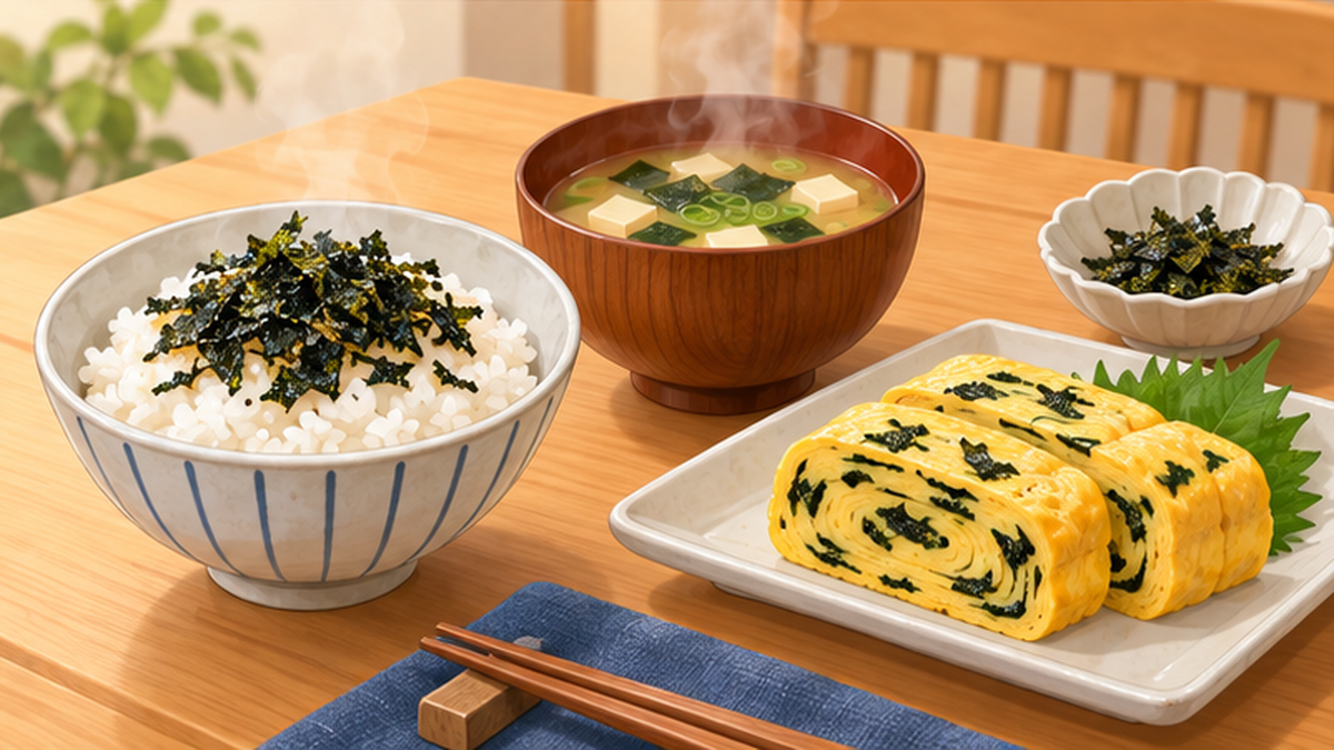 海苔の端材をふりかけやスープなどに活用する家庭の食卓のイメージ