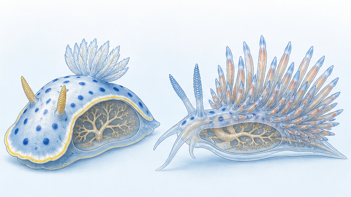 Diagram comparing the body plans of a dorid and an aeolid nudibranch, showing the position of the secondary gills and the cerata