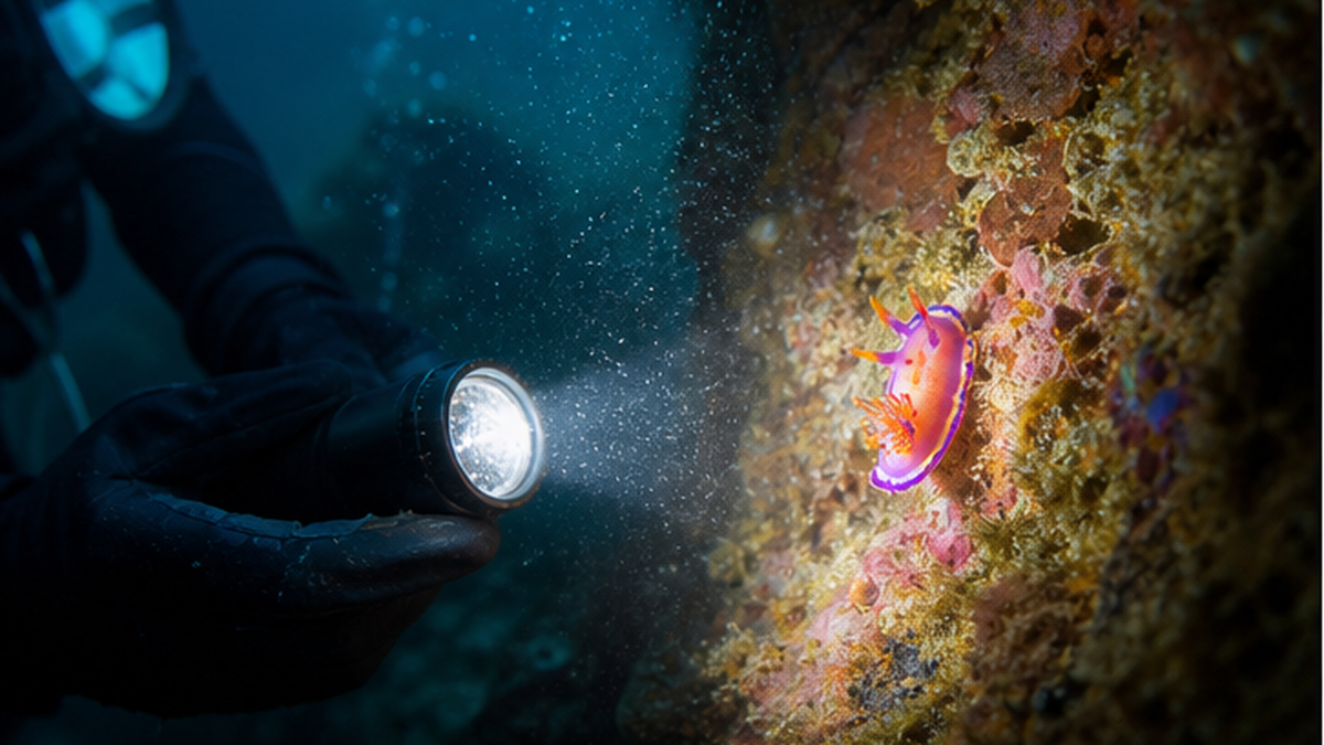 A diver observing a small nudibranch on rock with a dive light, keeping their distance