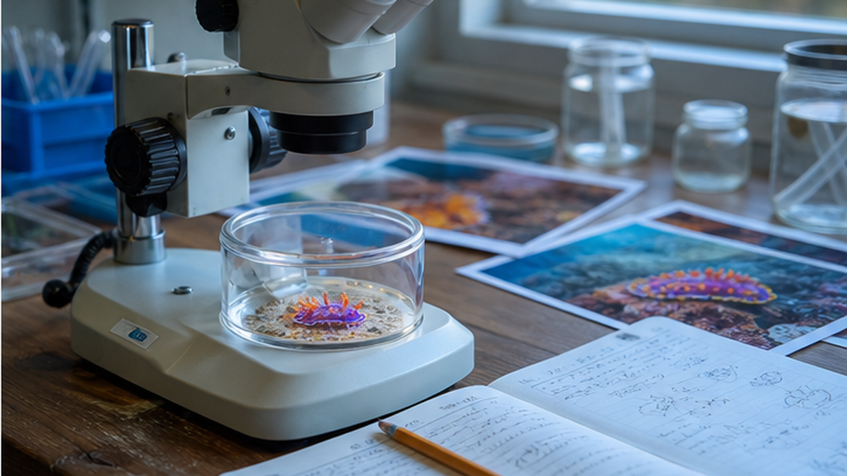 A researcher examining a sea slug specimen under a microscope beside field notebooks and underwater photographs