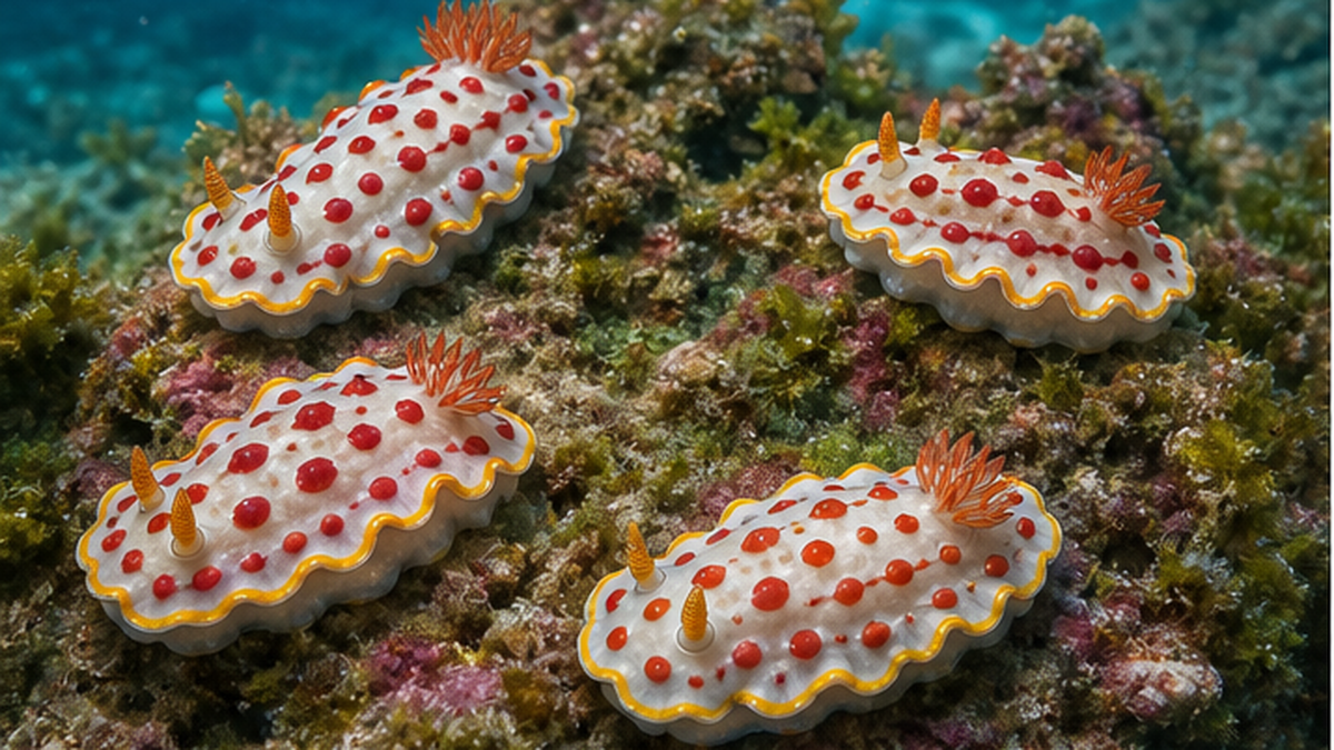 Several nudibranch species sharing the same red-spotted pattern, illustrating a mimicry ring