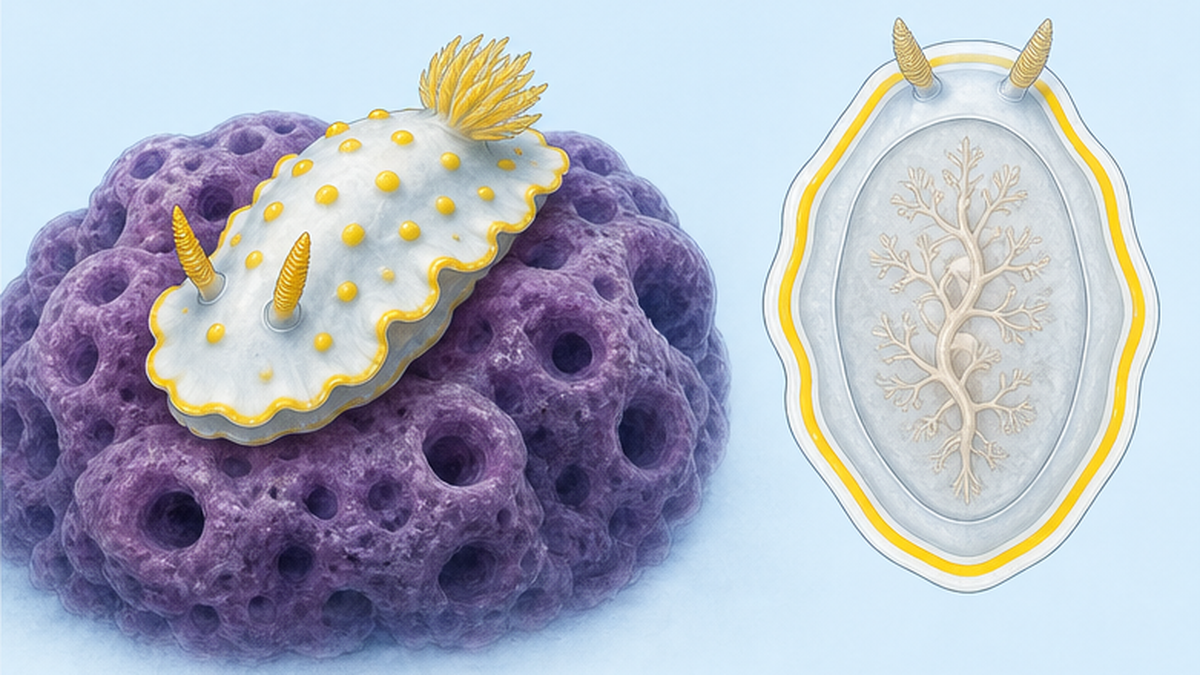 Diagram of a sponge-feeding dorid nudibranch, with the toxin concentrated along the rim of the mantle