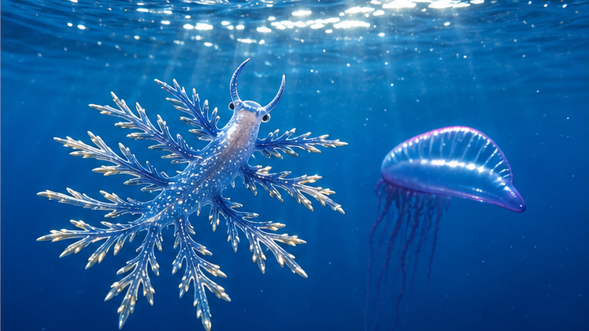 A blue dragon drifting at the sea surface near a Portuguese man o' war, its blue and silver cerata spread wide