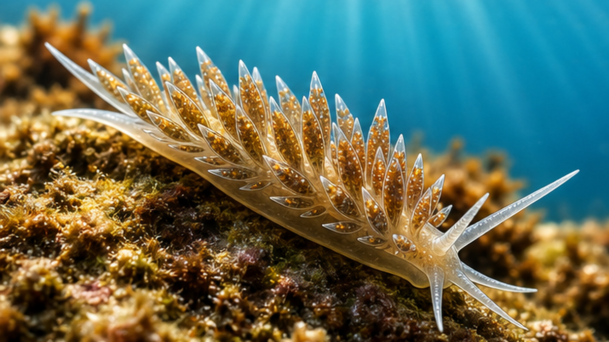 An aeolid nudibranch hosting zooxanthellae, spreading its cerata in sunlit shallow water