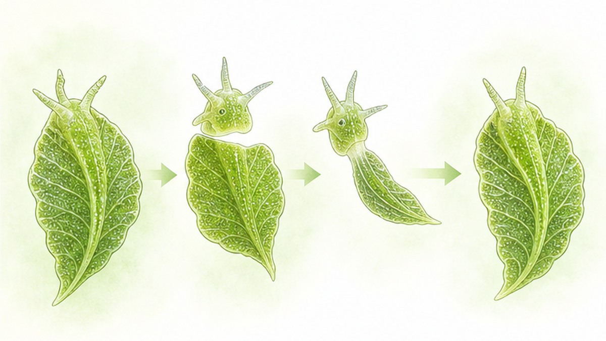 Sequence showing a sacoglossan head, severed at the neck, progressively regenerating a whole body