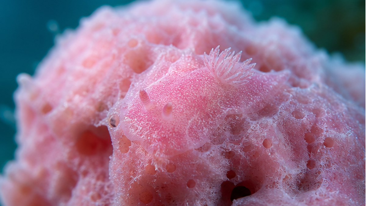 A nudibranch the same colour as the pink sponge it sits on, almost invisible against it