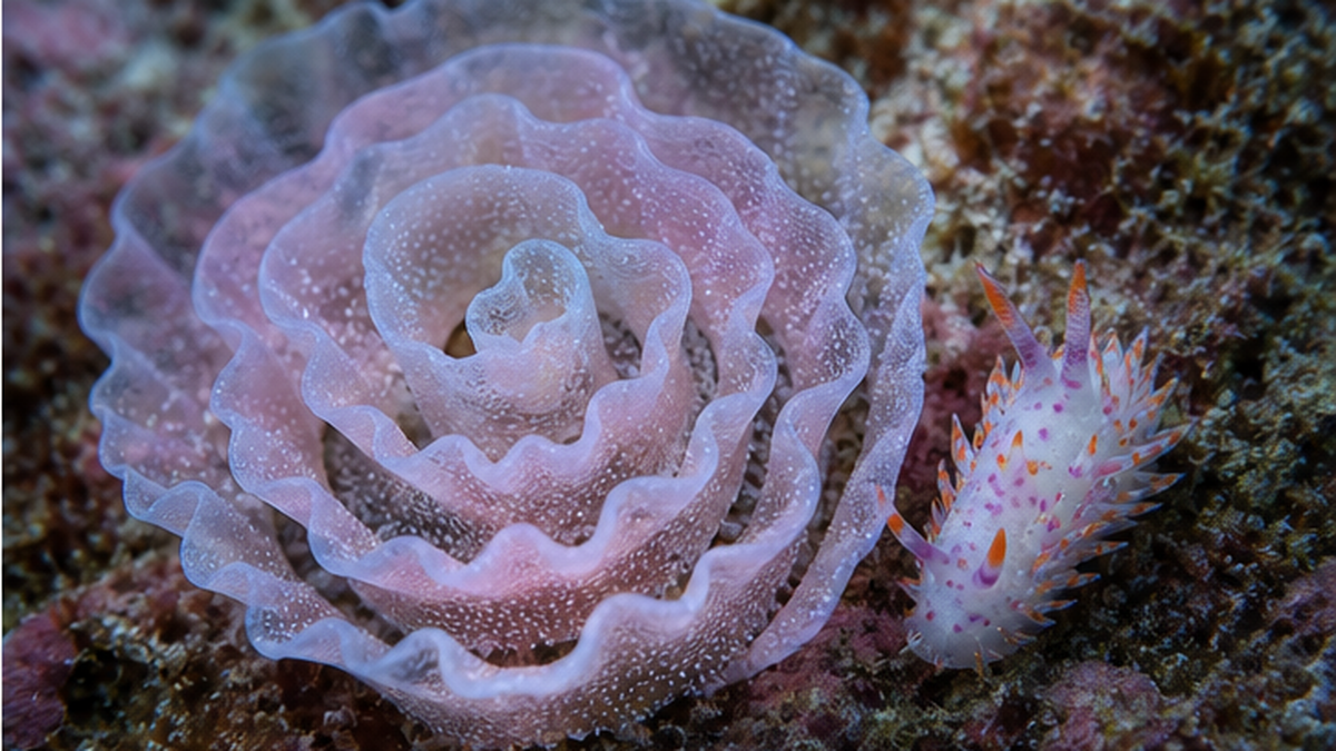 A ribbon-shaped nudibranch egg mass laid in a spiral on rock
