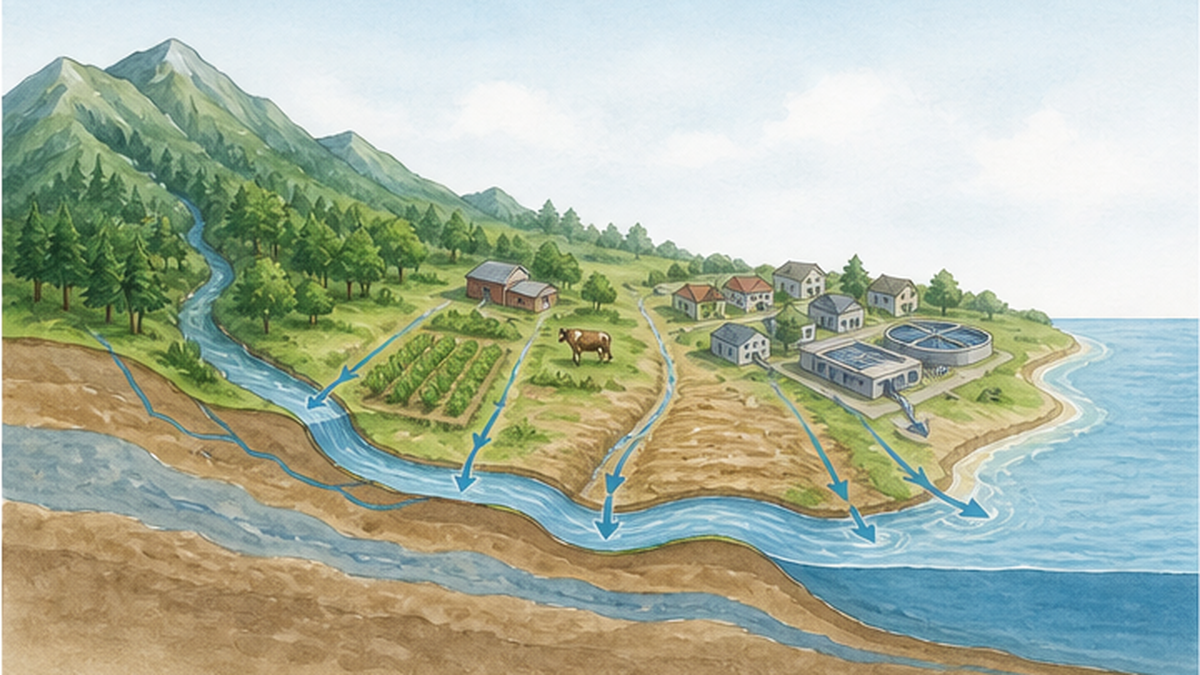 窒素とリンが陸から海へ届く4つの経路を示す流域断面図。上流の農地、畜産、市街地、下流の下水処理場から矢印が河口へ伸びる