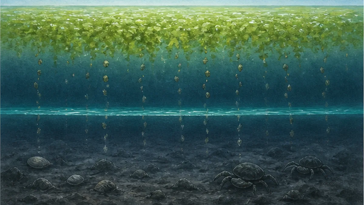 Cross-section of the eutrophication chain: phytoplankton blooming at the surface, dead cells sinking, and the bottom layer running short of oxygen