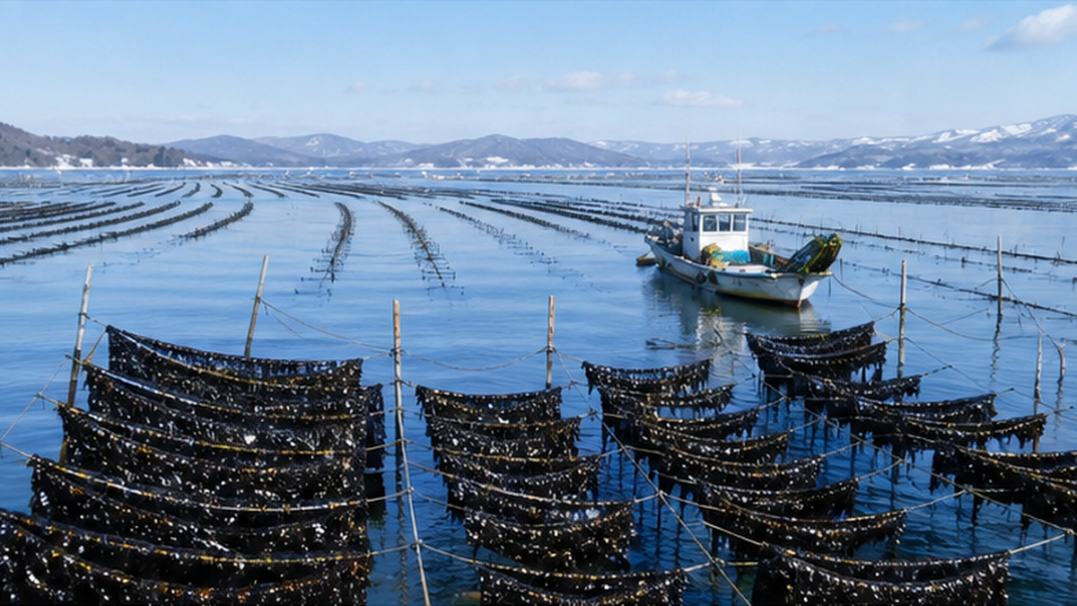 ノリ養殖の海面風景。冬の海に整然と並ぶノリ網の列と、収穫作業をする小舟