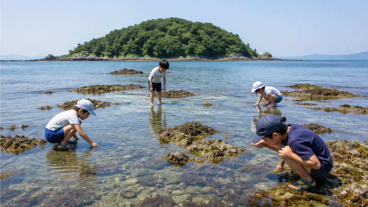 澄んだ内海の浅瀬で子どもたちが生き物を探している風景。奥に穏やかな海と小島が見える