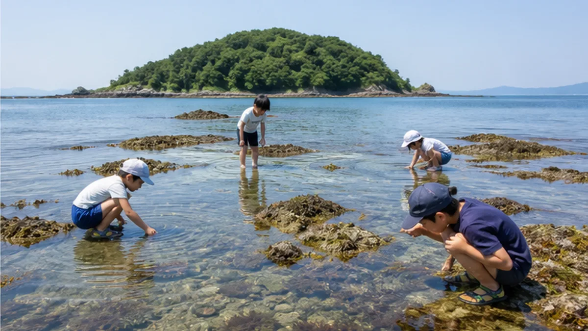 Children searching for creatures in the clear shallows of a calm inland sea, with quiet water and a small island beyond
