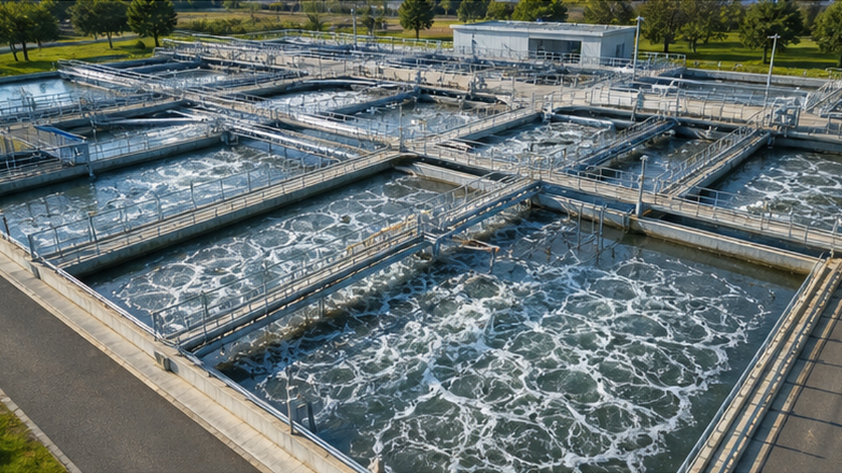 下水処理場の反応タンクを俯瞰した風景。複数の長方形の水槽が並び、曝気で水面が泡立っている