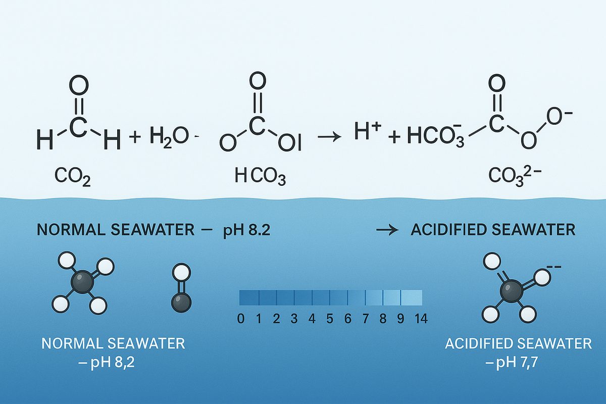Diagram showing the chemical reaction equations of ocean acidification: the reaction process CO2 + H2O → H2CO3 → H+ + HCO3-