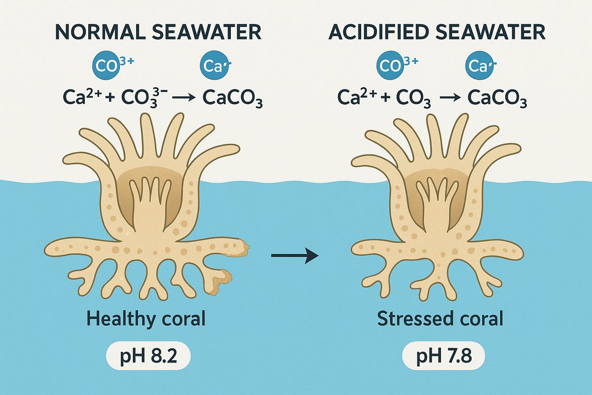 Wide diagram explaining coral calcification process and the impact of ocean acidification