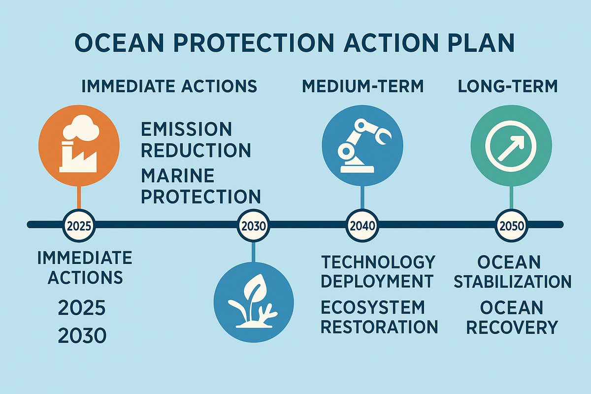 Wide illustration showing a timeline for ocean conservation action