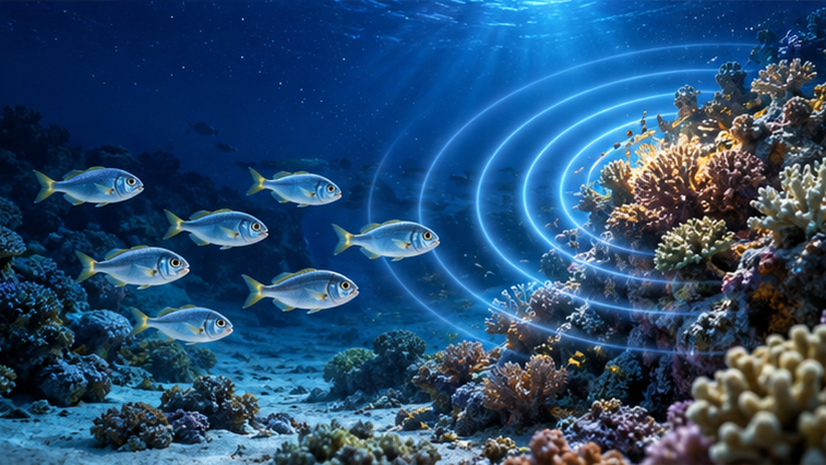 サンゴ礁の音に引き寄せられて泳ぐ稚魚の様子を描いたイラスト