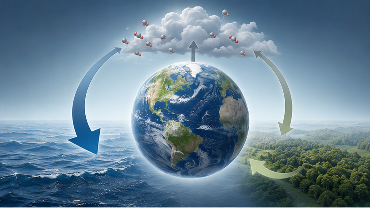 Infographic showing how the ocean, land, and atmosphere share the global CO2 budget